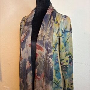 Soft Surroundings Floral Bird Print Open Medium Cardigan Scarf Neck Blue Green